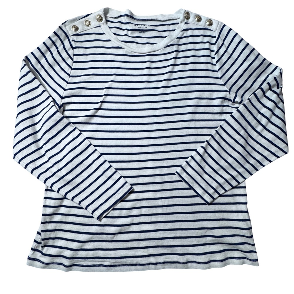 J.Crew Perfect Fit Top Women 2X Navy White Striped Button Shoulder Nautical